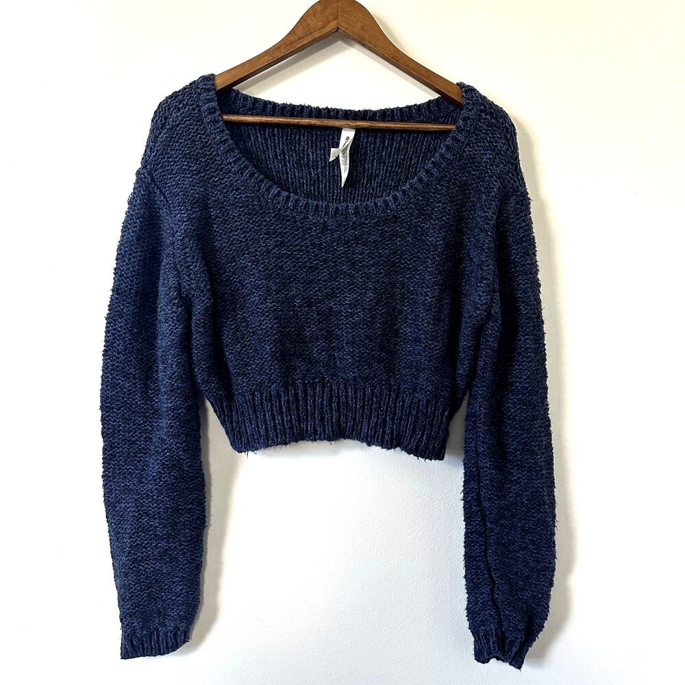 Bethany Mota Cropped Chunky Knit Sweater Navy Blue Long Sleeve XL Soft Grunge‎
